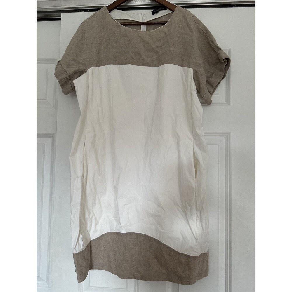 Piazza Sempione Womens M White Cuffed Sleeve Dress Colorblock Shift Linen Italy